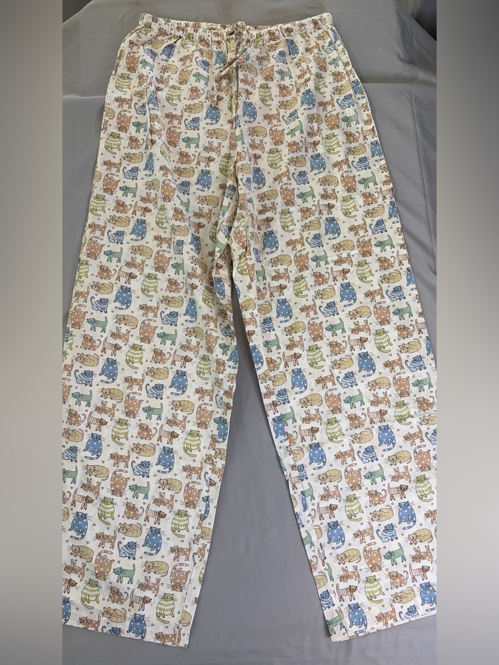 Old Navy Cream Pajama Pants with Blue, Green, and Brown Cat Print